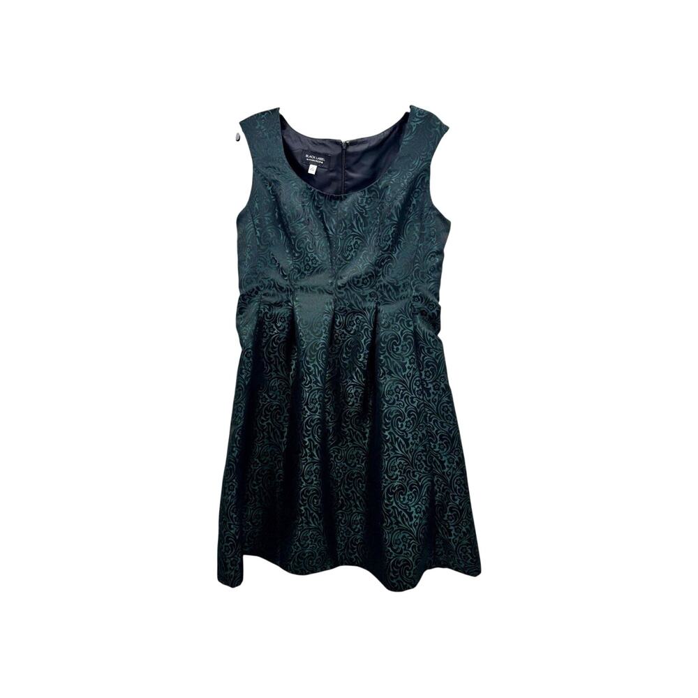 Black Label by Evan Picone Size 14 Black and Shimmery Green Pleated Fitted Dress